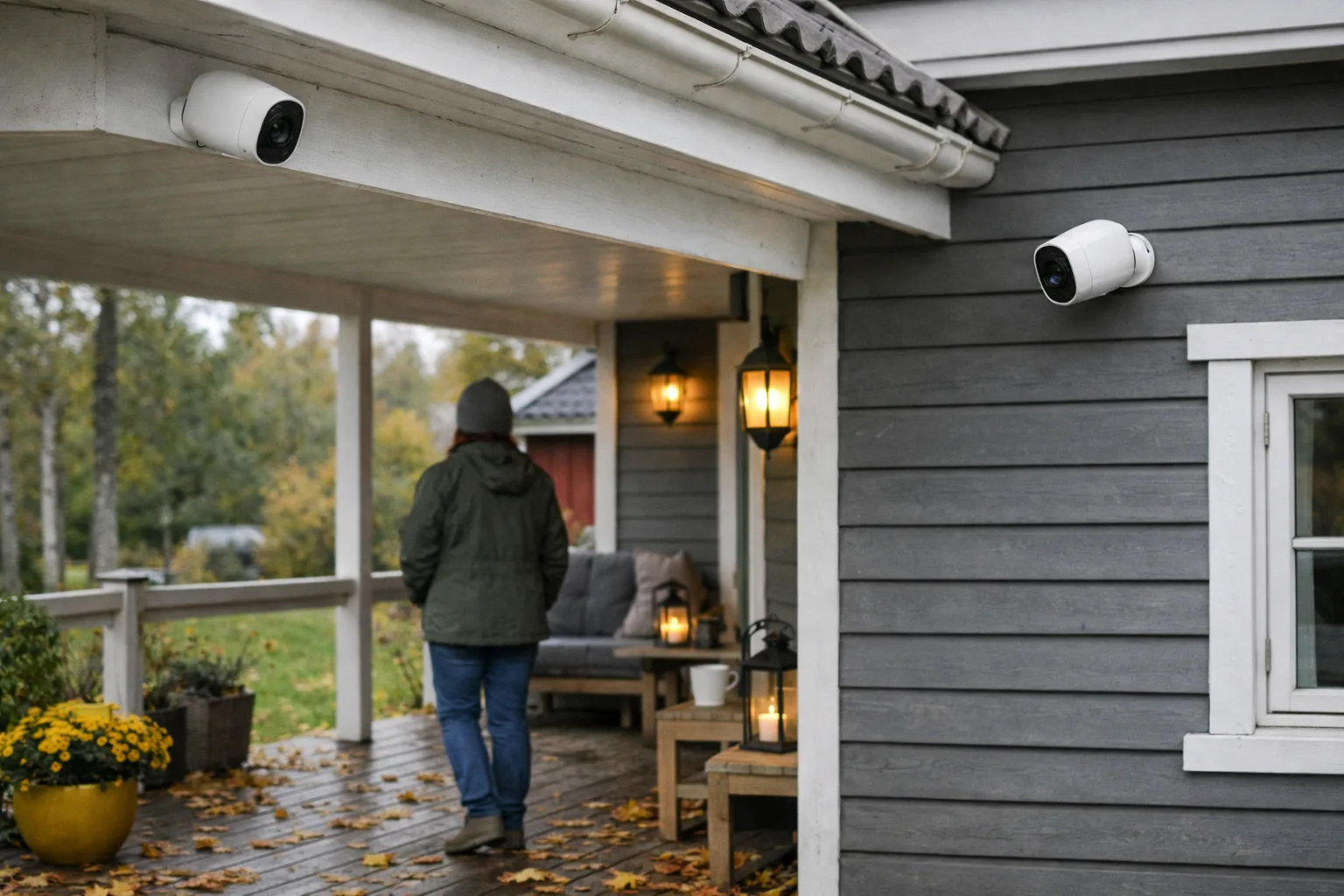 Batterikameror på en veranda.