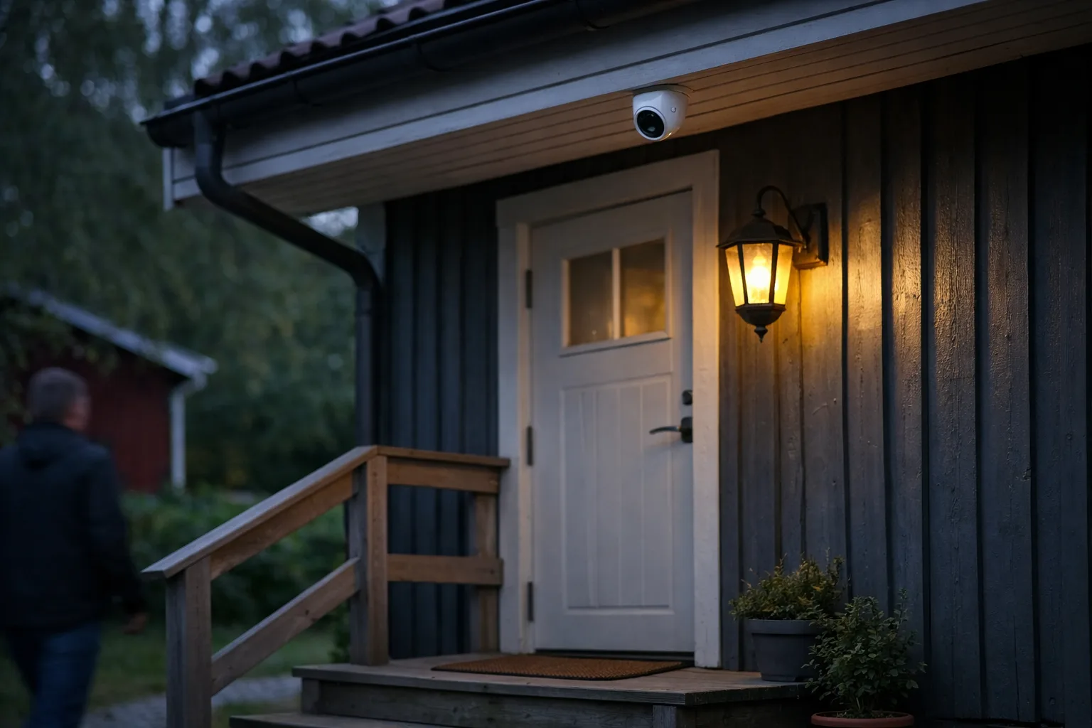 Övervakningskamera under takfoten vid en entré.