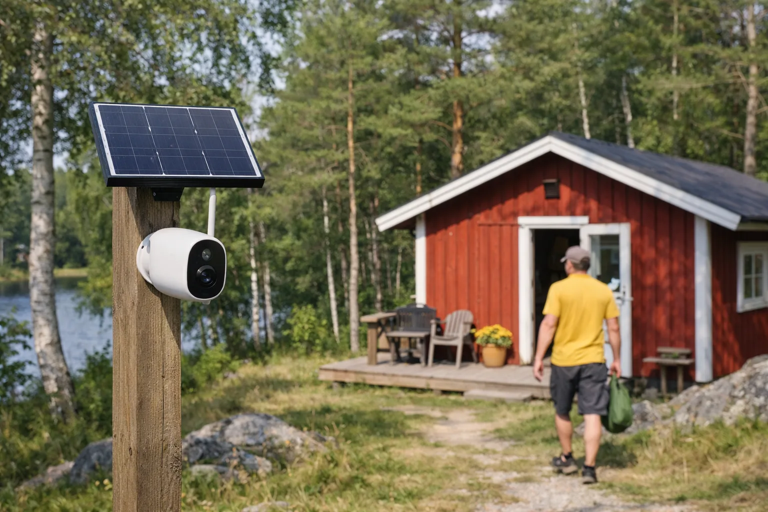 Solcellskamera vid en fritidsstuga.