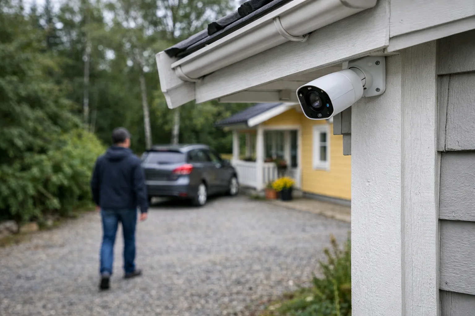 Utomhuskamera på husknuten med utsikt över uppfarten.