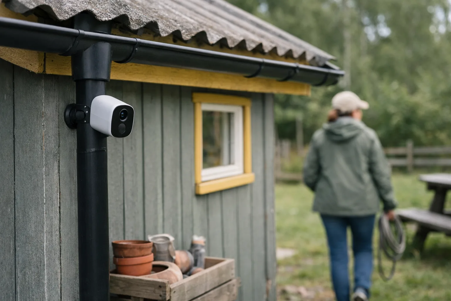 Batterikamera på en vägg utan synliga kablar.